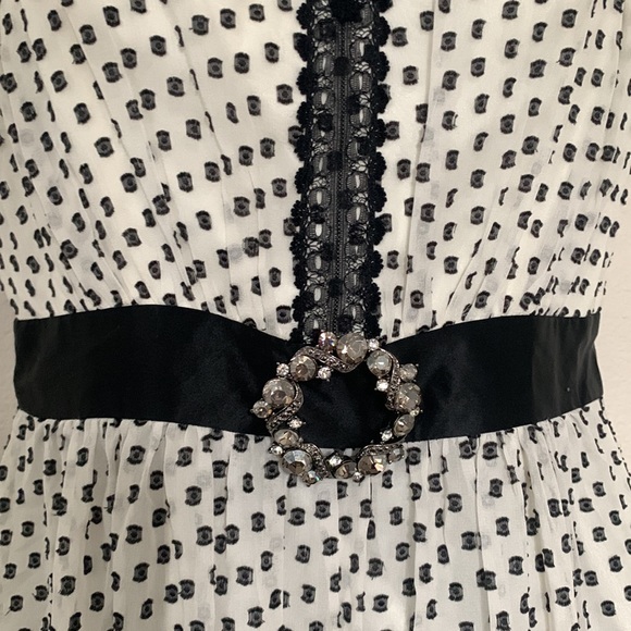 BCBG Vintage Retro Gothic Style Polka Swiss Dot Black and White Brooch Dress - Picture 3 of 11